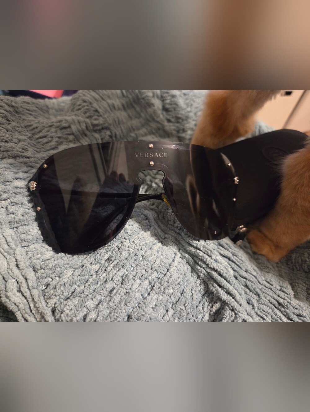 Versace Black Shield Sunglasses with Stud Accents. "Frenergy"
